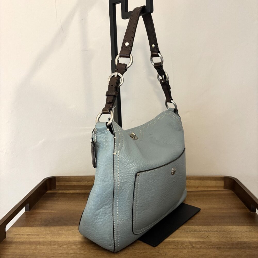 Coach Chelsea Turn Lock Light Teal Blue Green Pebbled Leather Brown Handled Hobo - Picture 2 of 9